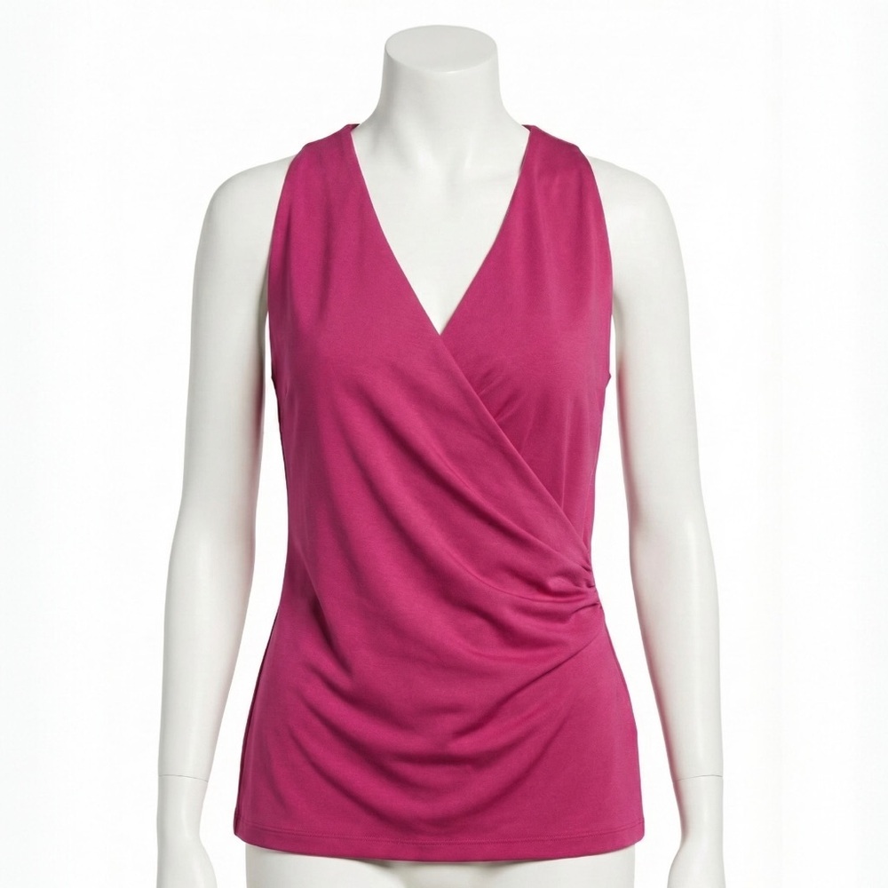 Lafayette 148 New York Magenta Sleeveless Wrap Top Ruched Stretch Career Blouse